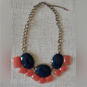 Gold Statement Necklace Navy Coral Gemstone Adjustable Costume Emerald Oval Bib